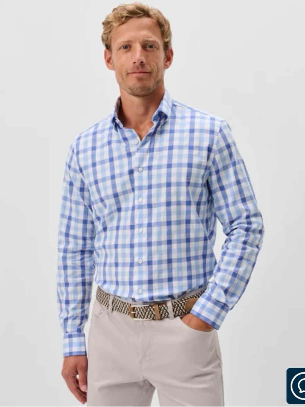 IZOD Men's Blue and White Checked Button-Down Shirt